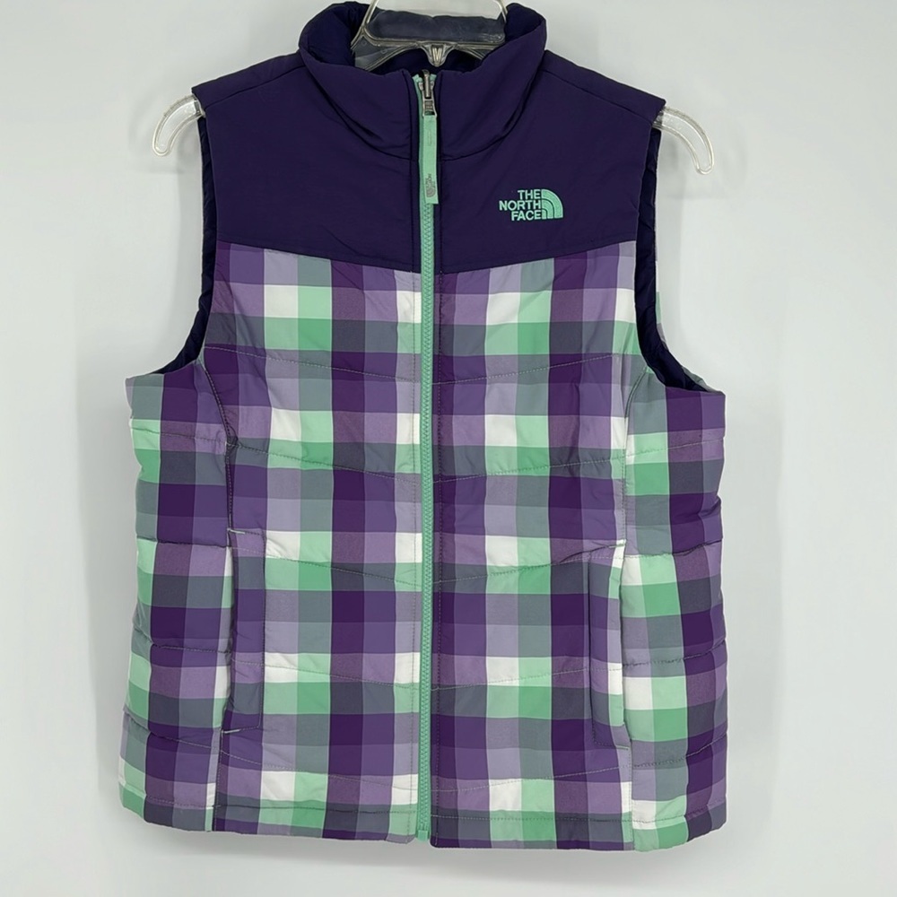The North Face Girl's Reversible Plaid Puffer Vest Purple Mint White (14 girls)